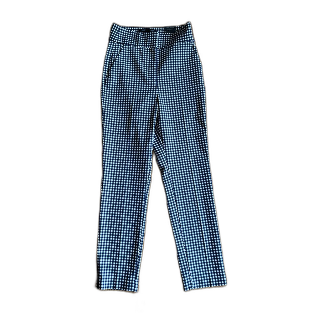 High-Rise Blue Gingham Slim Pants